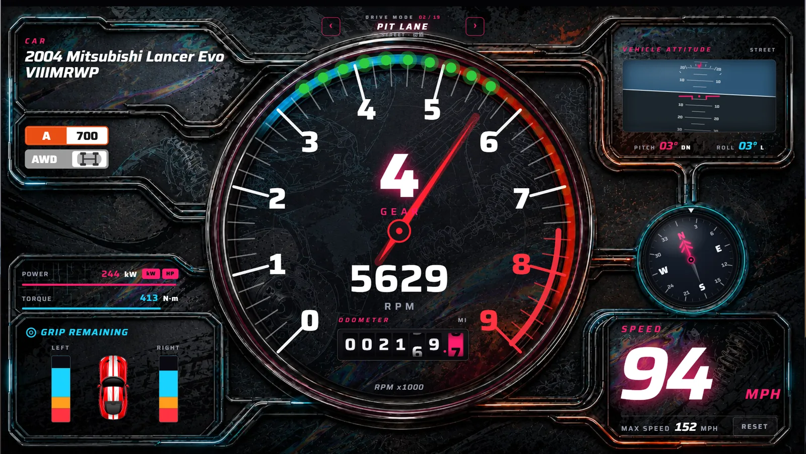 Cruise view: large central tachometer, gear and speed, grip-remaining bars, vehicle attitude and a compass.