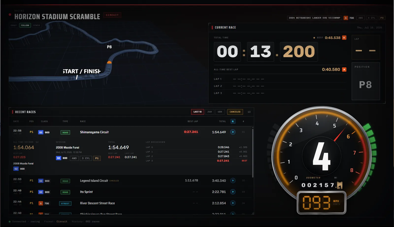GhostGauge racing dashboard with race timing, a 3D track map, and driving gauges